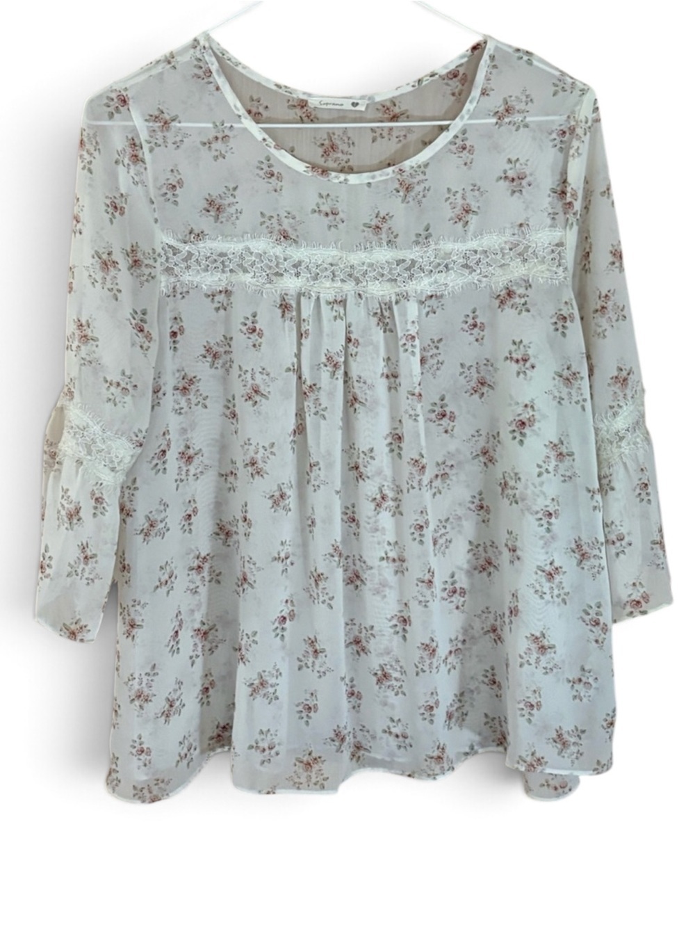 White Sheer Floral Peasant Tunic with Pink Bouquet Print